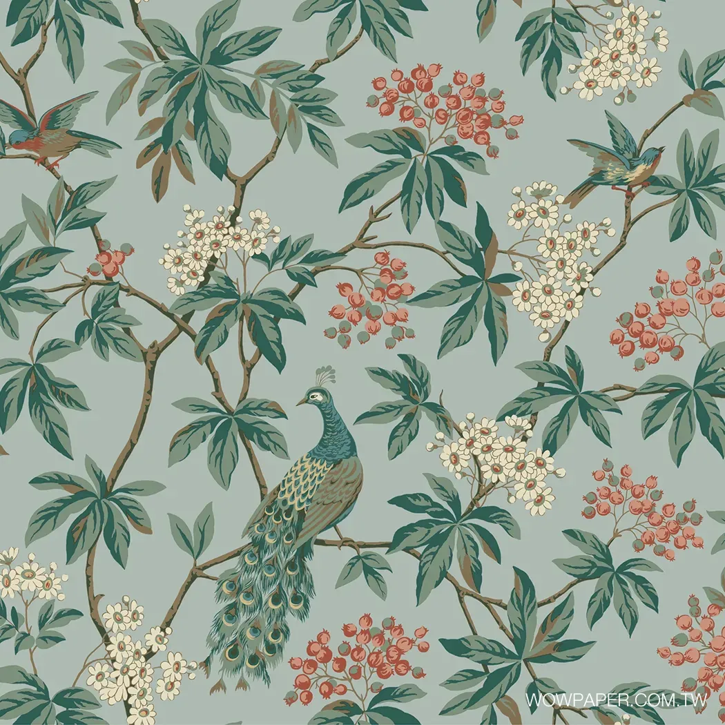 繁花孔雀 壁紙(灰藍)
