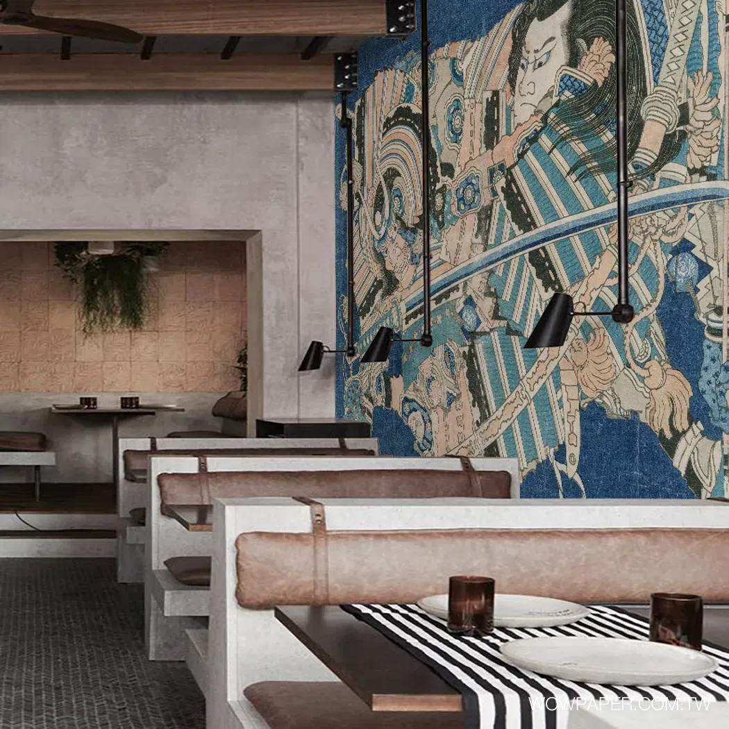 搭配日系風格武士壁紙的餐廳設計